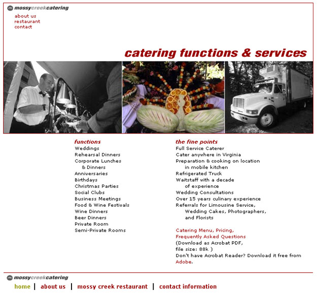 Mossy Creek Catering page in 2003